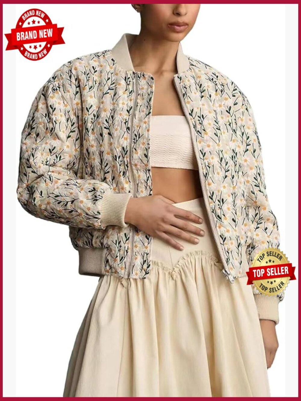 Cropped Embroidered Daisy Bomber Jacket Long Sleeve Quilted Puffer Coat